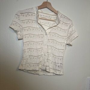 SHEIN Cream Lace Patterned Button-Down Shirt Fairycore floral elegant size M‎